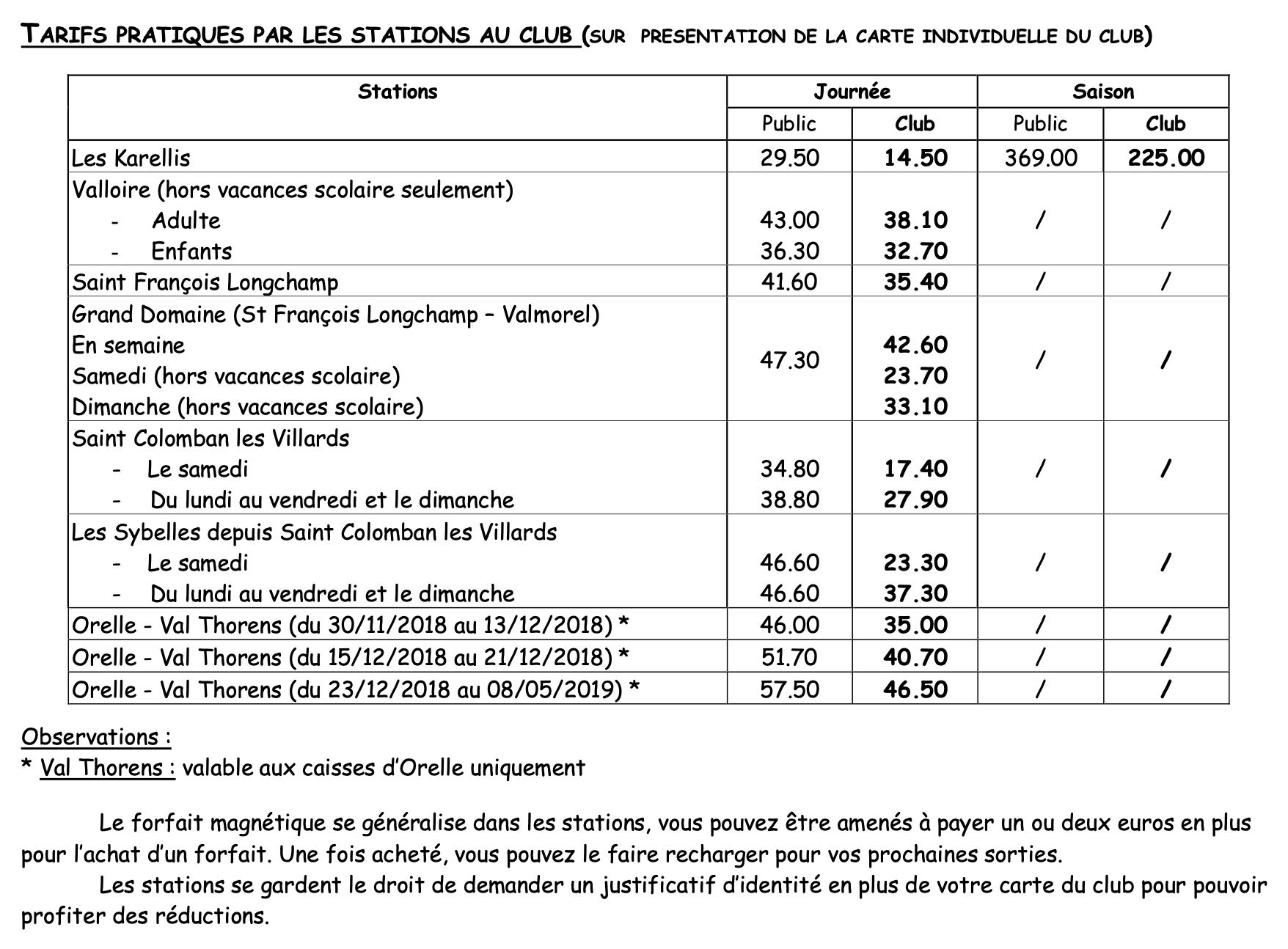 tarifs